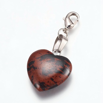 Heart Natural Mahogany Obsidian Pendant Decorations, with Brass Lobster Claw Clasps and Iron Ring, 43mm