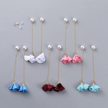 Stud Earrings, with Flower Shape Handmade Cloth Pendant, Brass Ear Threads and Acrylic Imitation Pearl Ear Nuts, Mixed Color, 102mm, Pin: 0.8mm