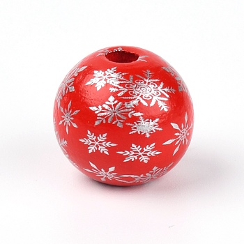 Natural Wood Beads, Round with Snowflake, Christmas Theme, Red, 1.6x1.5cm, Hole: 3.5mm