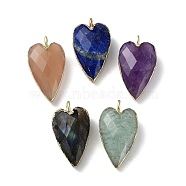 Natural Mixed Stone Pendants, Faceted Heart Charms, with Golden Plated Brass Edge Loops, 22.5x13x7.5mm, Hole: 3mm(G-G012-12G-B)