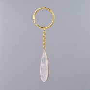 Natural Quartz Crystal Keychain, with Iron Key Clasp and Brass Findings, teardrop, 86mm(KEYC-JKC00207-01)