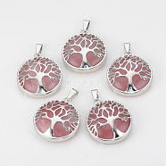 Watermelon Stone Glass Pendants, with Brass Findings, Flat Round with Tree of Life, Platinum, 30.5x27x8mm, Hole: 7x3mm(G-S292-10K-P)