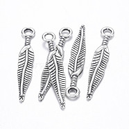 Tibetan Style Pendants, Lead Free & Cadmium Free, Feather, Antique Silver, about 5mm wide, 29mm long, hole: 2mm(X-LF0056Y)