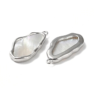 Natural White Shell Pendants, Brass Nuggets Charms, Platinum, 22x11x2.5mm, Hole: 1.4mm(BSHE-Z003-02P)