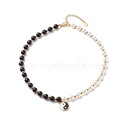 Alloy Eaneml Yin Yang Charm Necklace with Plastic Imitation Pearl Beaded for Women, Black and White, 16.38 inch(41.6cm)(NJEW-JN03913)