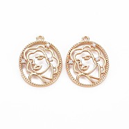 Brass Micro Pave Clear Cubic Zirconia Pendants, Nickel Free, Flat Round with Woman, Real 18K Gold Plated, 19x14.5x2mm, Hole: 1.2mm(KK-S356-757)