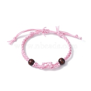 Adjustable Braided Waxed Cotton Macrame Pouch Bracelet Making, Interchangeable Empty Stone Holder, with Wood Bead, Pearl Pink, 1/4 inch(0.65cm), Inner Diameter: 2-1/4~3-5/8 inch(5.8~9.2cm)(BJEW-JB09698-05)