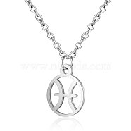 201 Stainless Steel Pendants Necklaces, Flat Round with Constellations, Pisces, 16.3 inch(40cm)x1mm(NJEW-S063-TN505-12)