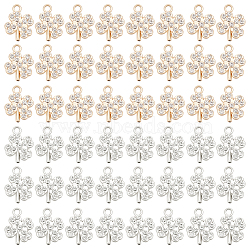60Pcs 2 Colors Alloy Pendants, with Crystal Rhinestones, Cadmium Free & Lead Free, Clover, for Saint Patrick Theme, Platinum & Light Gold, 15x12x2.5mm, Hole: 1.8mm, 30Pcs/color(FIND-DC0001-84)