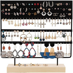 Triple Levels Rectangle Iron Earring Display Stand, Jewelry Display Rack, with Wood Findings Foundation, Black, 7x30x29cm(CON-PW0001-151C-02)