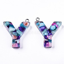 Transparent Epoxy Resin Pendants, with Shell Slices and Loops, Alphabet, Letter.Y, 30.5x26.5x7mm, Hole: 1.6mm(CRES-S364-001Y)