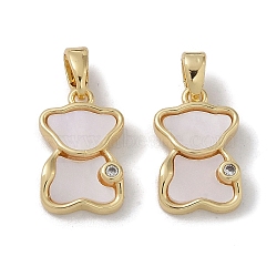 Brass & Shell & Clear Cubic Zirconia Pendants, Bear Charms, Real 18K Gold Plated, 15x9.5x3mm, Hole: 2.5x4mm(KK-G497-15G)