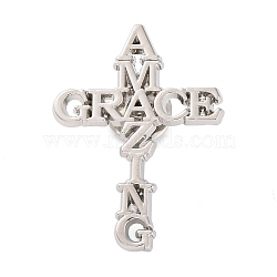 Faith Theme Zinc Alloy Brooch, for Clothes, Platinum, Amazing Grace Cross, 40x29.5mm(JEWB-C035-02A-P)