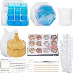 Olycraft DIY Beauty Makeup Storage Box Epoxy Resin Crafts Kits, with Silicone Storage Box Molds, UV Gel Nail Art Tinfoil, Plastic Measuring Cups & Transfer Pipettes, PVC Gloves, Wooden Sticks, White, 82x60mm, 82x38mm, 2pcs/set(DIY-OC0003-69)