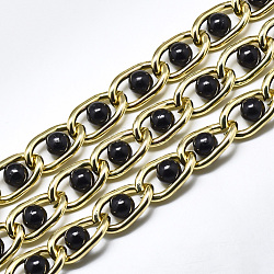 Aluminium Curb Chains, with ABS Plastic Imitation Pearl, with Spool, Unwelded, Black, Golden, 17x9x2mm, Bead: 6mm, about 65.61 Feet(20m)/roll(CHA-T001-36G-01)