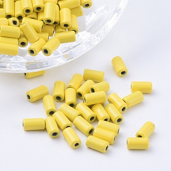 Spray Painted Alloy Beads, Tube, Yellow, 6x3mm, Hole: 1.2mm