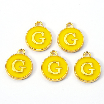 Golden Plated Alloy Enamel Charms, Enamelled Sequins, Flat Round with Letter, Gold, Letter.G, 14x12x2mm, Hole: 1.5mm