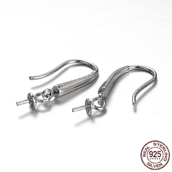 Rhodium Plated 925 Sterling Silver Earring Hooks, with Cup Pearl Bail Pin for Half Drilled Beads, Platinum, 19x3x8mm, 21 Gauge, Pin: 0.7mm