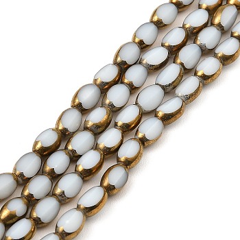 Electroplate Glass Beads Strands, Opaque Solid Color, Golden Color Plated, Oval, White, 6~7x4.5x3.5mm, Hole: 1mm, about 50pcs/strand, 13.19''~13.39''(33.5~34cm)