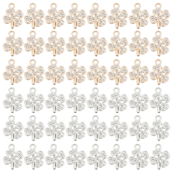 60Pcs 2 Colors Alloy Pendants, with Crystal Rhinestones, Cadmium Free & Lead Free, Clover, for Saint Patrick Theme, Platinum & Light Gold, 15x12x2.5mm, Hole: 1.8mm, 30Pcs/color