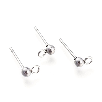 304 Stainless Steel Ball Stud Earring Findings, with Loop, Stainless Steel Color, 14x3mm, Hole: 1.8mm, Pin: 0.7mm