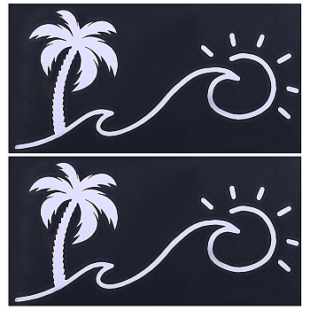 Beach Theme PVC Cartoon Self Adhesive Car Stickers, Waterproof Coconut Tree with Sun Car Decorative Decals for Car Decoration, White, 92~93x174~182x0.2mm