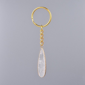 Natural Quartz Crystal Keychain, with Iron Key Clasp and Brass Findings, teardrop, 86mm