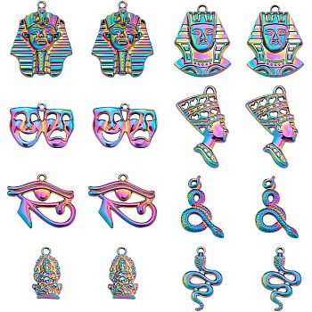 CHGCRAFT 16Pcs 8 Style Plated Alloy Pendants, Cadmium Free & Lead Free, for Religion, Snake & Drama Mask & Pharaoh, Rainbow Color, 22.5~39x14~31x2~8mm, Hole: 1.8~2.5mm, 2pcs/style