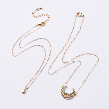 Brass Pendant Necklace Sets, with Cubic Zirconia, Brass Findings and Cable Chains, Cardboard Jewelry Set Boxes, Moon & Star, Real 18K Gold Plated, 14.96 inch(38cm) and 17.32 inch(44cm), 2pcs/set