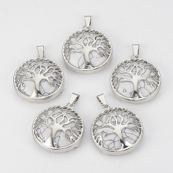 Synthetic Howlite Pendants, with Brass Findings, Flat Round with Tree of Life, Platinum, 30.5x27x8mm, Hole: 7x3mm