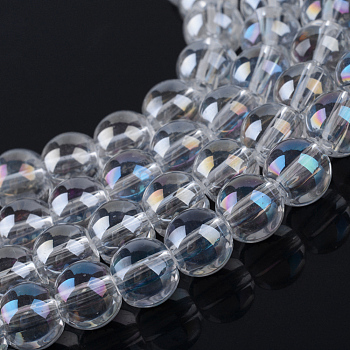 Electroplate Glass Beads Strands, AB Color Plated, Round, Clear AB, 9.5x10.5mm, Hole: 1.5mm, about 82pcs/strand, 29.9 inch