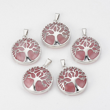 Watermelon Stone Glass Pendants, with Brass Findings, Flat Round with Tree of Life, Platinum, 30.5x27x8mm, Hole: 7x3mm