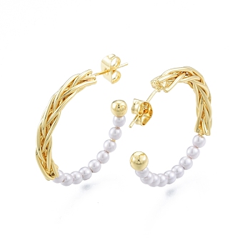 ABS Plastic Imitation Pearl Beaded Ring Stud Earrings, Brass Half Hoop Earrings for Women, Golden, 28.5x30x4mm, Pin: 0.7mm