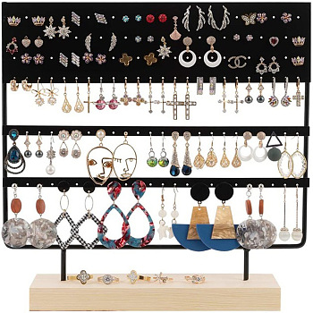 Triple Levels Rectangle Iron Earring Display Stand, Jewelry Display Rack, with Wood Findings Foundation, Black, 7x30x29cm
