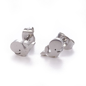 304 Stainless Steel Stud Earrings, Hypoallergenic Earrings, with Ear Nuts/Earring Back, Whale Shape, Stainless Steel Color, 5x8.5mm, Pin: 0.8mm, 12pairs/card