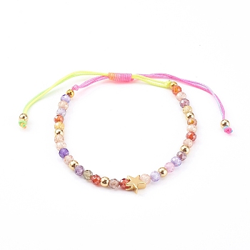 Adjustable Nylon Cord Braided  Bracelets, with Faceted Cubic Zirconia Beads and Brass Beads, Star & Round, Golden, Colorful, Inner Diameter: 2~3-1/2 inch(5~9cm)