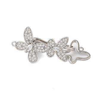 Brass Micro Pave Clear Cubic Zirconia Fold Over Clasps, Butterfly, Platinum, 38mm, Hole: 1.2mm