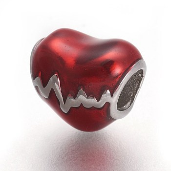 304 Stainless Steel European Beads, with Enamel, Large Hole Beads, Heartbeat, Stainless Steel Color, Red, 10x12x9mm, Hole: 4.5mm