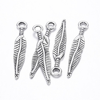 Tibetan Style Pendants, Lead Free & Cadmium Free, Feather, Antique Silver, about 5mm wide, 29mm long, hole: 2mm