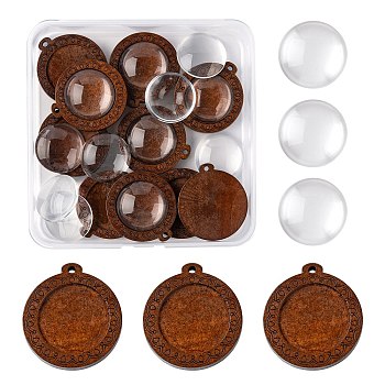 DIY Flat Round Pendant Making Kit, Including Wooden Pendant Cabochon Settings and Dome/Half Round Transparent Glass Cabochons, Coconut Brown, 22pcs/box