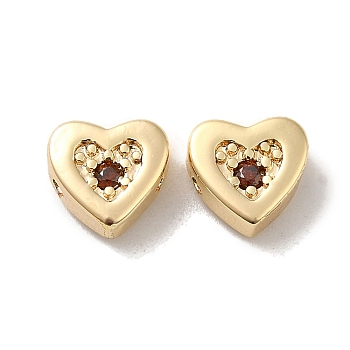Real 18K Gold Plated Brass Beads, with Glass, Heart, Coconut Brown, 7x7.5x3.5mm, Hole: 1mm