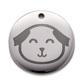 Non-Tarnish Stainless Steel Pendants, Manual Polishing, Flat Round with Dog, Stainless Steel Color, 20x1.4mm, Hole: 1.6mm