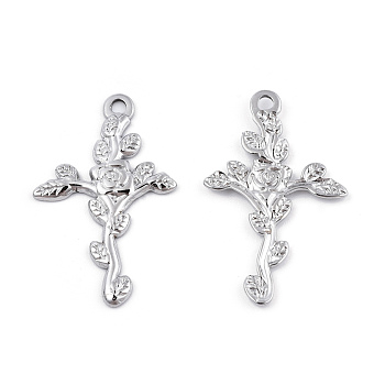 201 Stainless Steel Pendants, Cross with Flower, Stainless Steel Color, 30x18.5x1.5mm, Hole: 1.8mm