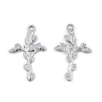 Non-Tarnish 201 Stainless Steel Pendants, Cross with Flower, Stainless Steel Color, 30x18.5x1.5mm, Hole: 1.8mm