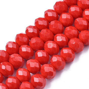 Electroplate Glass Beads Strands, Pearl Luster Plated, Faceted, Rondelle, Red, 2.3~2.7x2mm, Hole: 0.4mm, about 150~155pcs/strand, 32~33cm