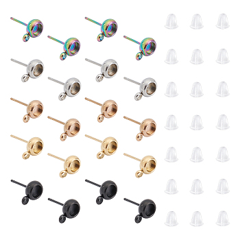 Unicraftale 40Pcs 5 Colors Flat Round 304 Stainless Steel Stud Earring Settings, with Loop and Plastic Ear Nuts, Mixed Color, 9x6.5mm, Hole: 1.8mm, Pin: 0.7mm, Tray: 4mm, 8pcs/color