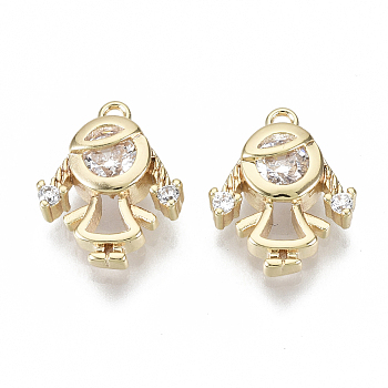 Brass Micro Pave Cubic Zirconia Charms, Nickel Free, Girl, Clear, Real 18K Gold Plated, 12x10x4mm, Hole: 1mm