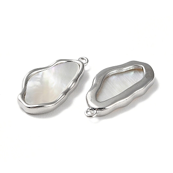 Natural White Shell Pendants, Brass Nuggets Charms, Platinum, 22x11x2.5mm, Hole: 1.4mm