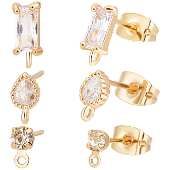 30Pcs 3 Style Brass Cubic Zirconia Stud Earring Findings, with Loops, with 30Pcs Friction Ear Nuts, Diamond & Teardrop & Rectangle, Real 18K Gold Plated, 5.5~8.5x3~4mm, Hole: 0.8~1mm, 10Pcs/style