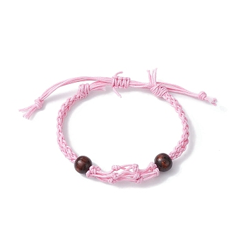 Adjustable Braided Waxed Cotton Macrame Pouch Bracelet Making, Interchangeable Empty Stone Holder, with Wood Bead, Pearl Pink, 1/4 inch(0.65cm), Inner Diameter: 2-1/4~3-5/8 inch(5.8~9.2cm)